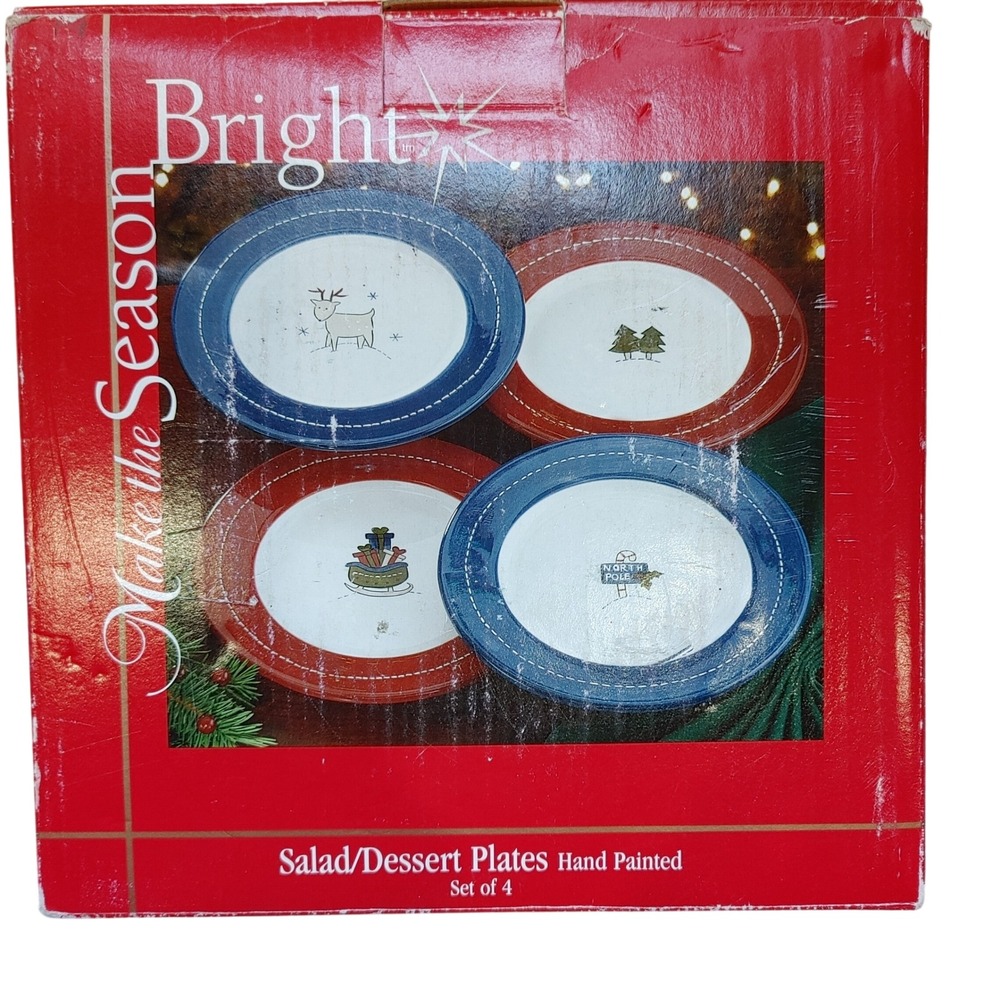 Decor Gift Season Bright Christmas Salad Dessert Plates Set of 4 Hand Painted